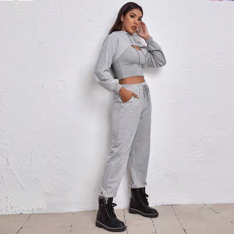 New Arrival Casual 3 Piece Loose Cropped Pullover Sweatshirt Hoodie Set Fashion Streetwear Black Hollow Out Women Jogger Set