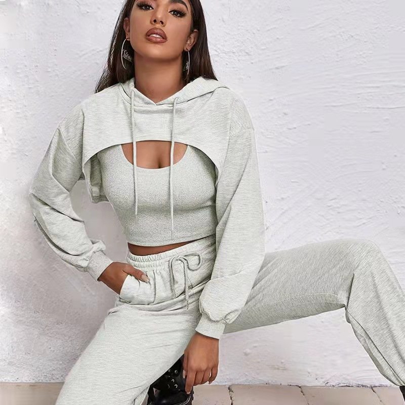 New Arrival Casual 3 Piece Loose Cropped Pullover Sweatshirt Hoodie Set Fashion Streetwear Black Hollow Out Women Jogger Set
