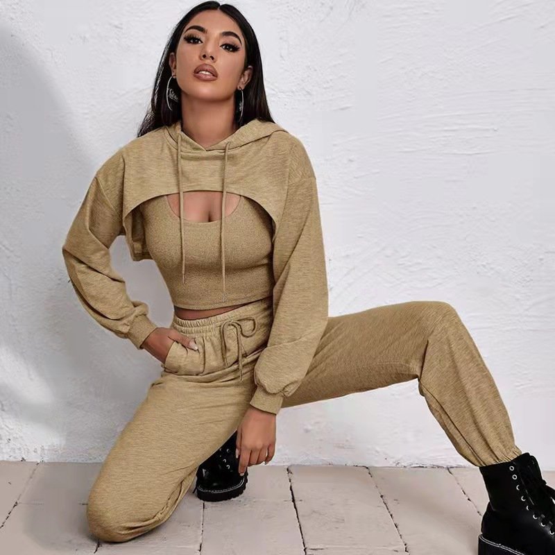 New Arrival Casual 3 Piece Loose Cropped Pullover Sweatshirt Hoodie Set Fashion Streetwear Black Hollow Out Women Jogger Set