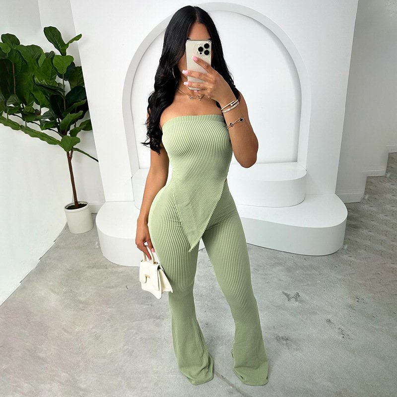 Spring Fall Women's Outfits Strapless Irregular Top And Wide Leg Pants 2 Piece Set Lady Elegant Wear Two Piece Pants Sets Women