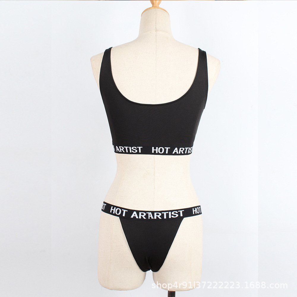Female 2 piece set letter printing sports fitness thong underwear women's sexy panties and push up bra sets