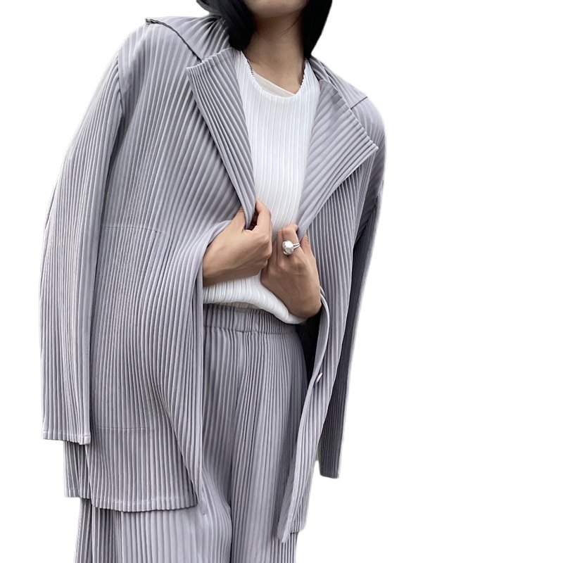 2023 Casual Style Miyake Women's 2-Piece Set: Loose Plus-Size Long Sleeve Shirt and Straight Pants