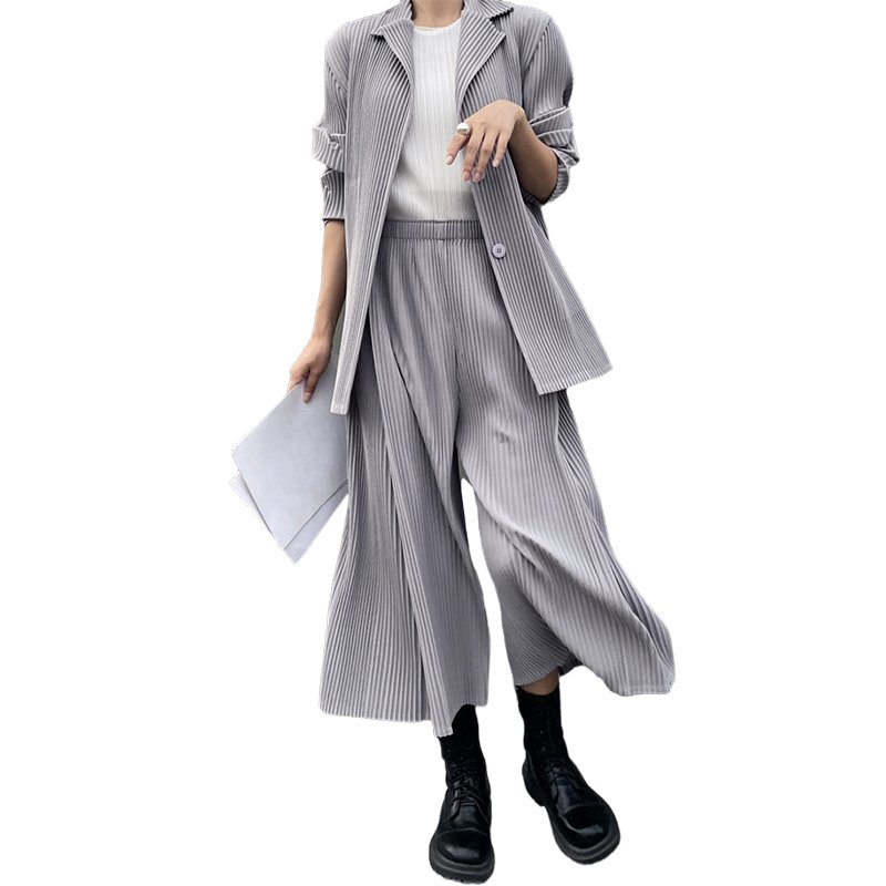 2023 Casual Style Miyake Women's 2-Piece Set: Loose Plus-Size Long Sleeve Shirt and Straight Pants