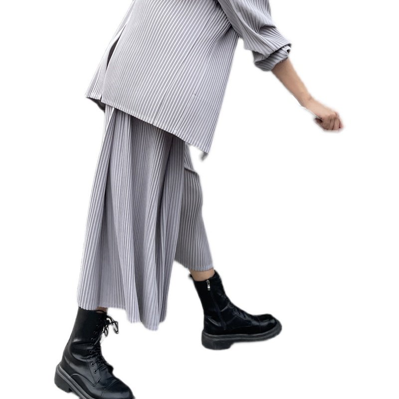2023 Casual Style Miyake Women's 2-Piece Set: Loose Plus-Size Long Sleeve Shirt and Straight Pants