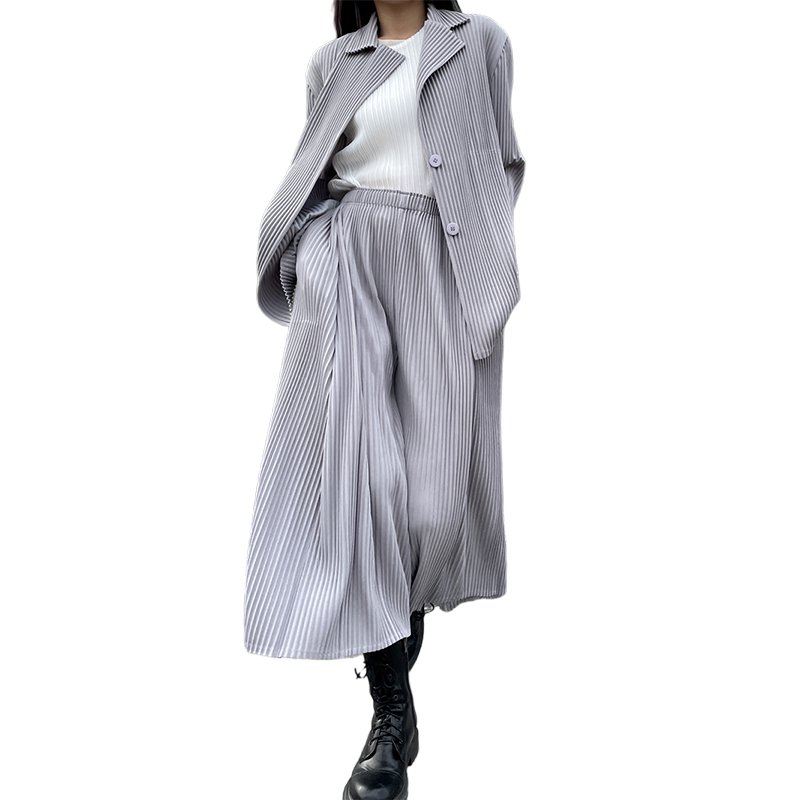 2023 Casual Style Miyake Women's 2-Piece Set: Loose Plus-Size Long Sleeve Shirt and Straight Pants