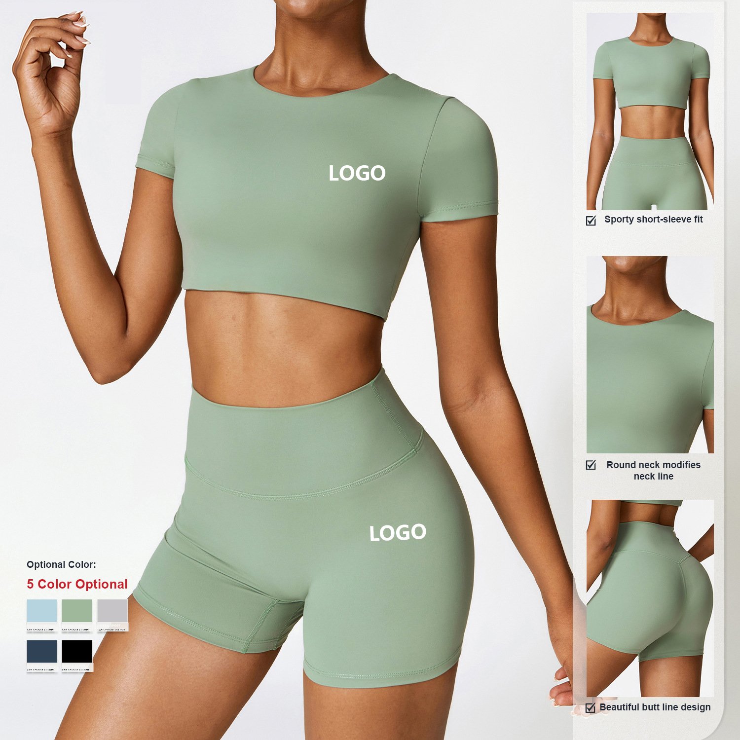 Custom Wholesale Solid Color Slim Yoga Short Sleeve Breathable Gym Wear Workout Fitness Running Quick Dry Women Sports yoga set