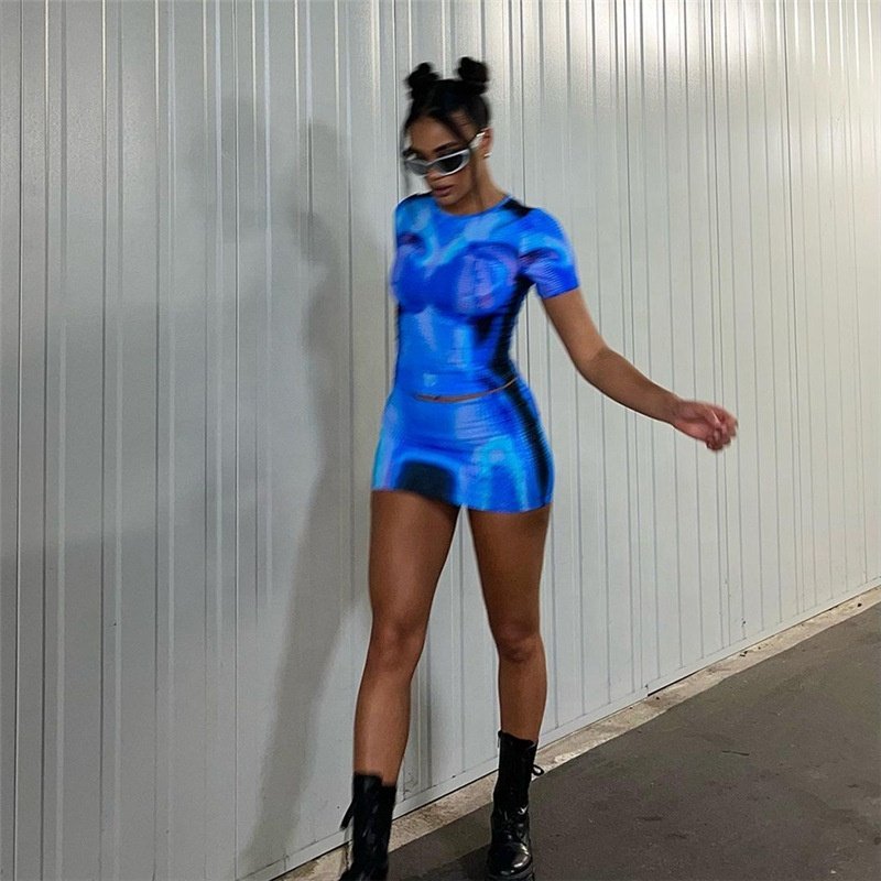 2023 New Women's Short Sleeve Suit Fashion 3D Printed Short Sleeve Slim Short Skirt Suit Summer Street Personality Women's Set