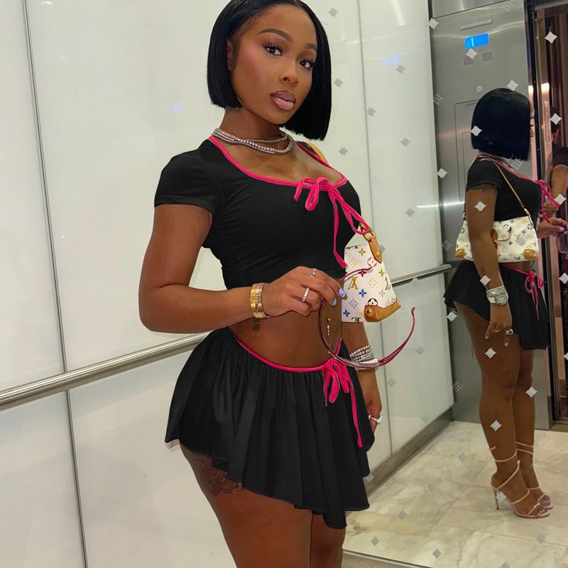 Peeqi Q24ST196 summer short sleeve square collar crop top and mini skirt 2 piece set bodycon casual sexy women's set streetwear