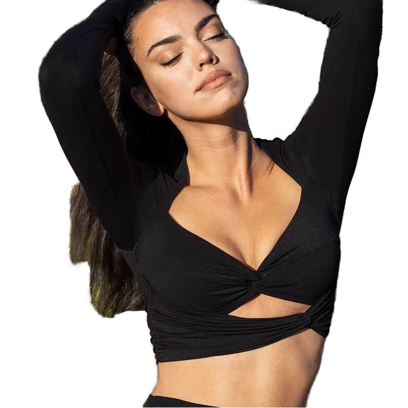 Women's Cross Front Workout Top Long Sleeve Cut Out Crop Top Sexy Stretchy Fitness Yoga Sets