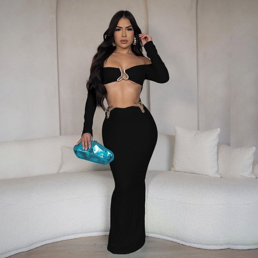 Kliou K24S53911 New arrivals 2 piece set women long sleeve crop tops+maxi skirt women's sets trendy sexy outfit