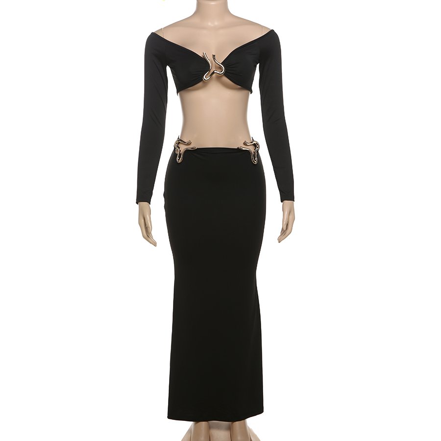 Kliou K24S53911 New arrivals 2 piece set women long sleeve crop tops+maxi skirt women's sets trendy sexy outfit