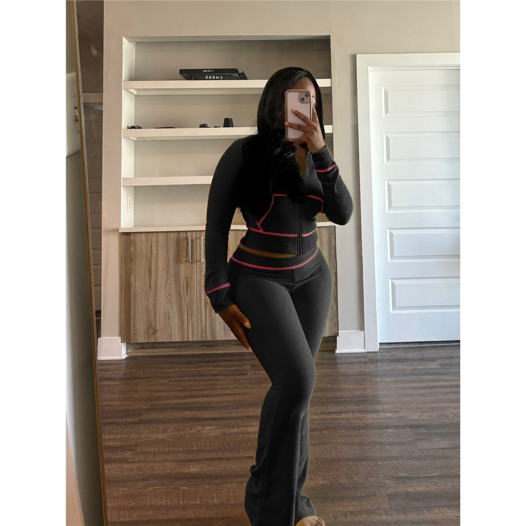 ZHEZHE Waffle Texture Striped Women's Set Hooded Tops+Flare Pants Suits 2024 Autumn Casual Street Baddie 2 Piece Sets
