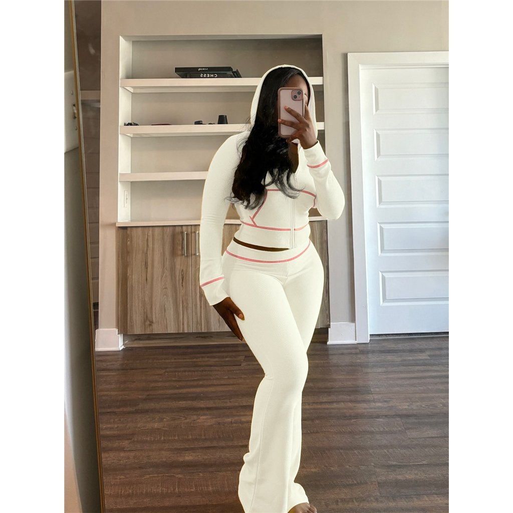 ZHEZHE Waffle Texture Striped Women's Set Hooded Tops+Flare Pants Suits 2024 Autumn Casual Street Baddie 2 Piece Sets