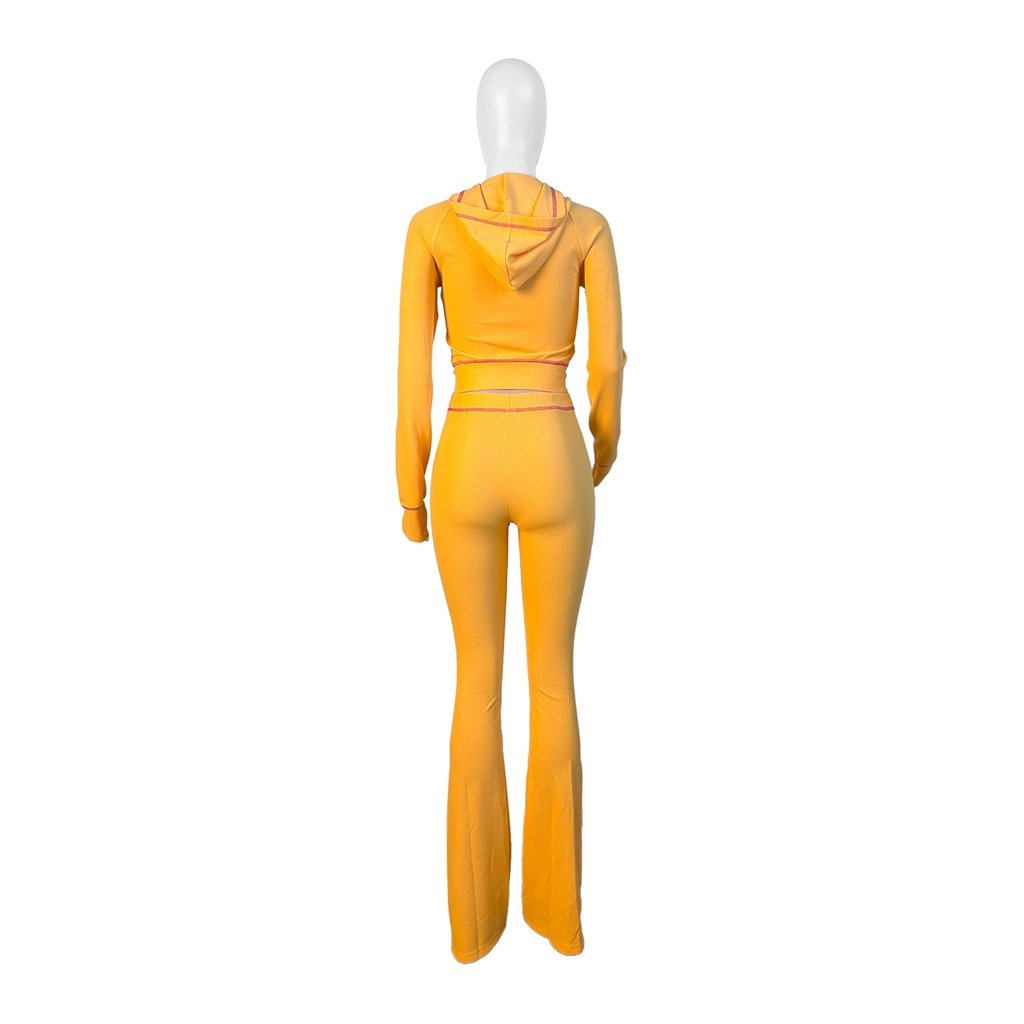 ZHEZHE Waffle Texture Striped Women's Set Hooded Tops+Flare Pants Suits 2024 Autumn Casual Street Baddie 2 Piece Sets