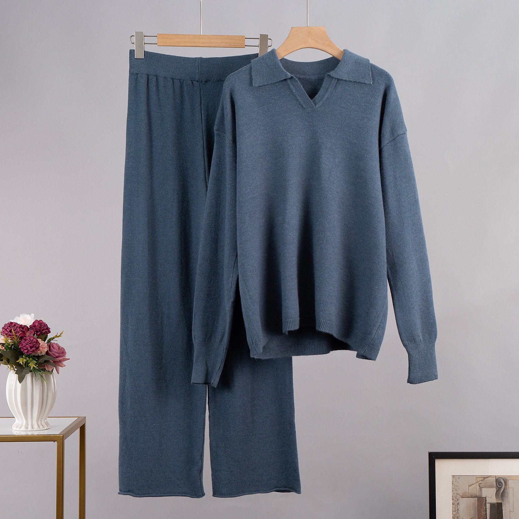 Autumn Loose Turn-down Collar Sweater And Knitted Wide Legs Trousers Set Knit Pullover Pants 2 Piece Suit Women Sweater