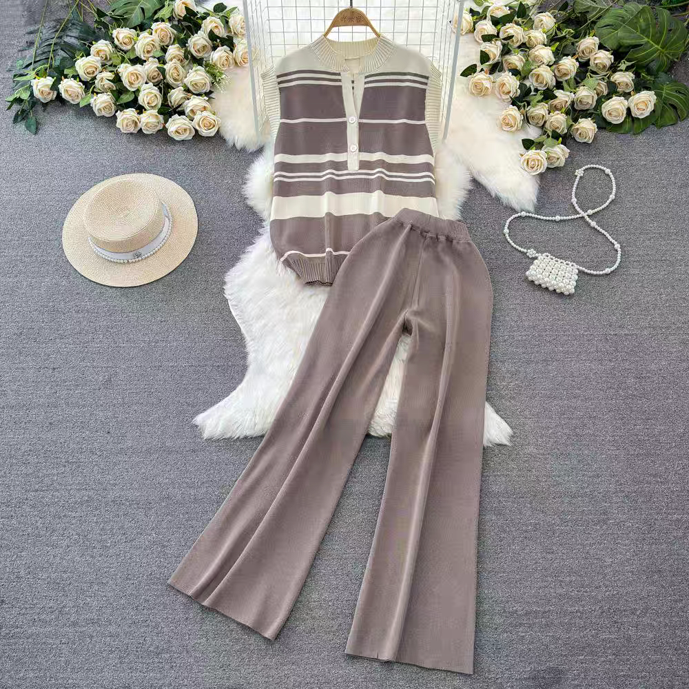 Fashion Set Women's Sleeveless Standing Neck Slim Fit Striped Knitwear Top Two Piece Casual High Waist Wide Leg Pants
