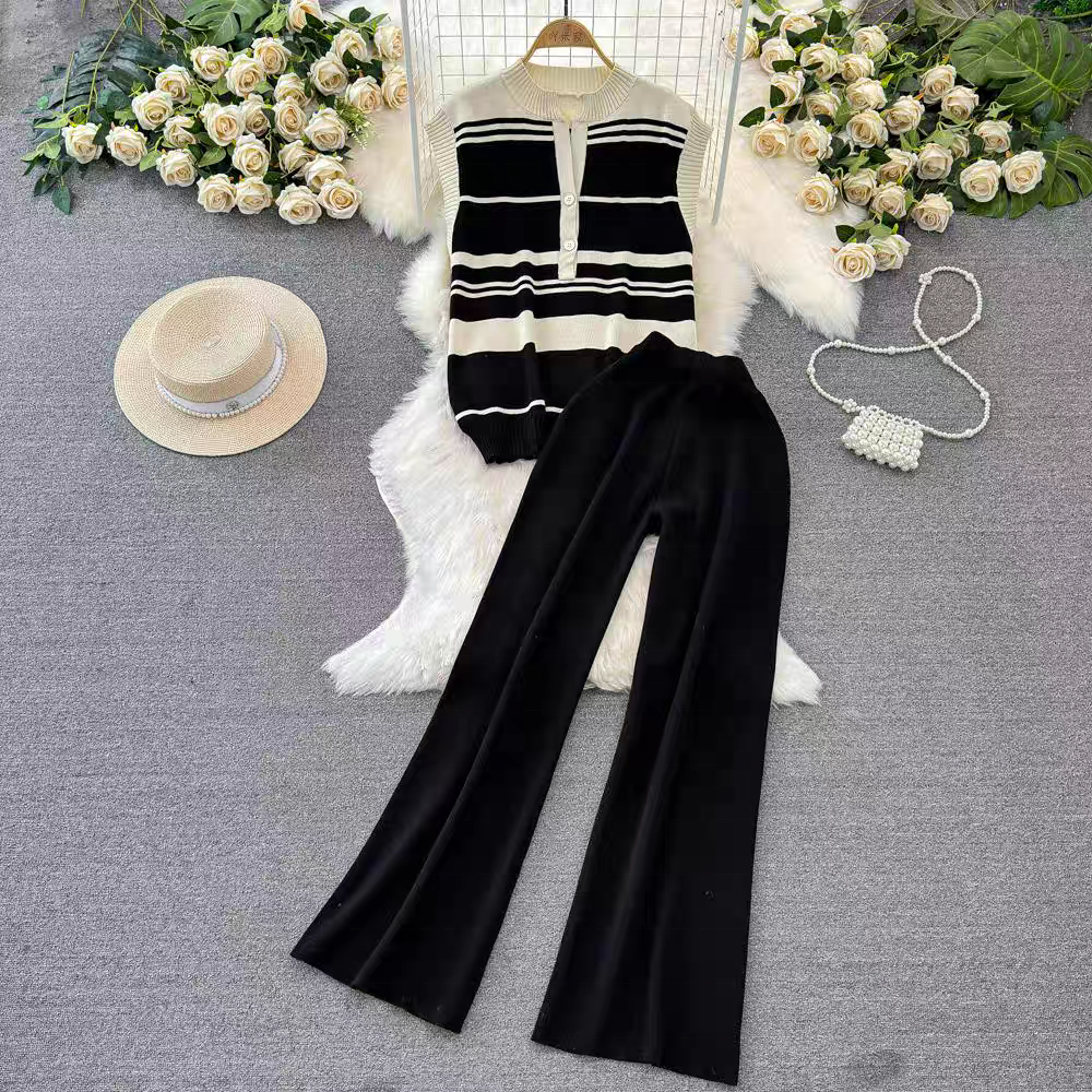 Fashion Set Women's Sleeveless Standing Neck Slim Fit Striped Knitwear Top Two Piece Casual High Waist Wide Leg Pants
