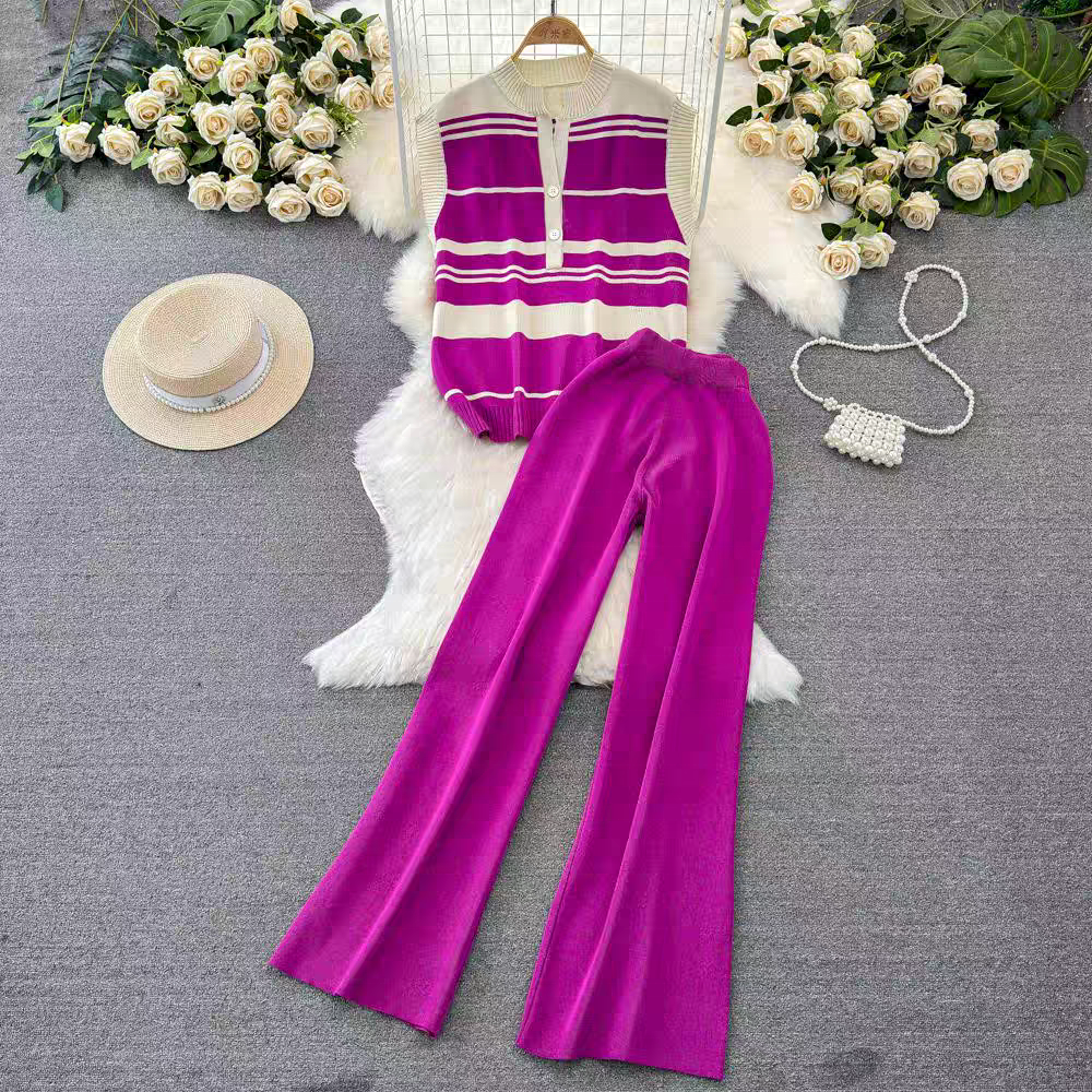 Fashion Set Women's Sleeveless Standing Neck Slim Fit Striped Knitwear Top Two Piece Casual High Waist Wide Leg Pants