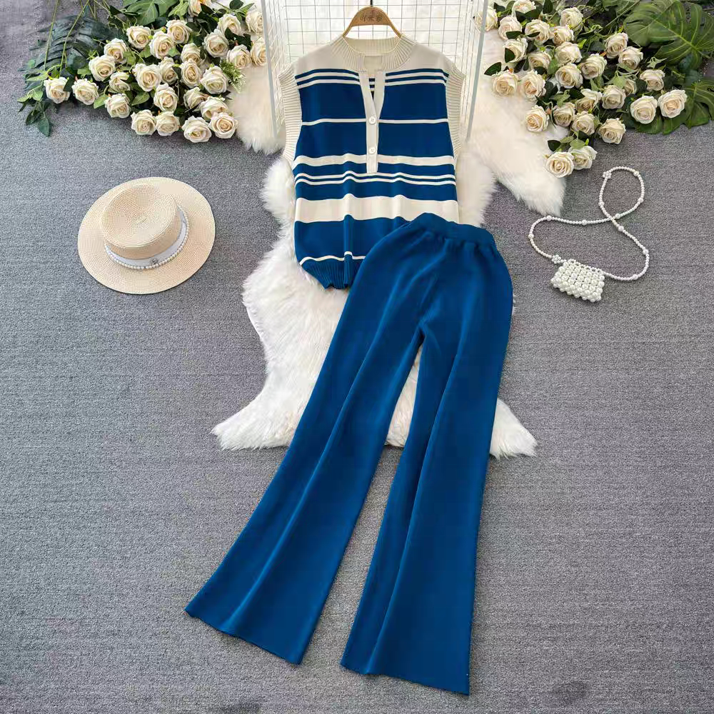Fashion Set Women's Sleeveless Standing Neck Slim Fit Striped Knitwear Top Two Piece Casual High Waist Wide Leg Pants