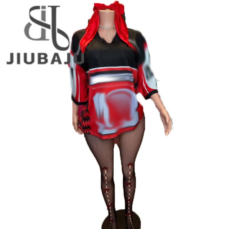 Graphic Print T Shirt Bowtie Hairpin and Stocking Three Piece Sets Women V Neck Short Sleeve Loose Top And Bubble Skirt Outfit