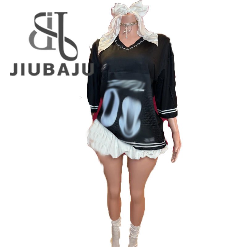 Graphic Print T Shirt Bowtie Hairpin and Stocking Three Piece Sets Women V Neck Short Sleeve Loose Top And Bubble Skirt Outfit