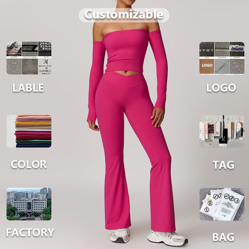 XW-TZ8842-1 Strapless Backless Long Sleeve Tops Gym Fitness Sets Flare Leggings Training Women's Sets Yoga Sets