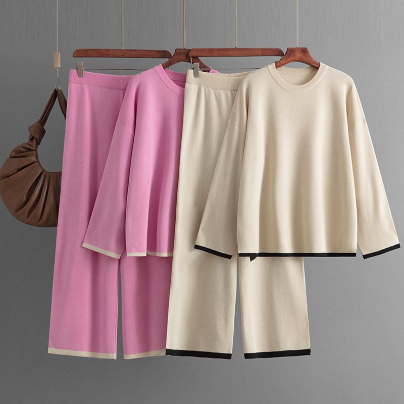 Boutique Wholesale 2024 Autumn New Solid Color Knitted Pullover with Contrast Color Sweater Wide Leg Pants Women's Set