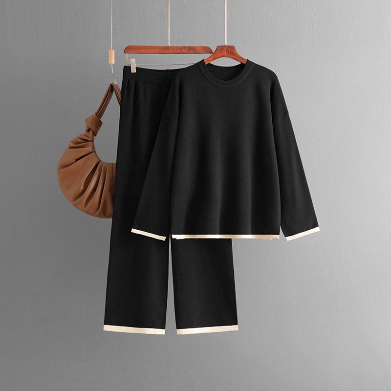 Boutique Wholesale 2024 Autumn New Solid Color Knitted Pullover with Contrast Color Sweater Wide Leg Pants Women's Set