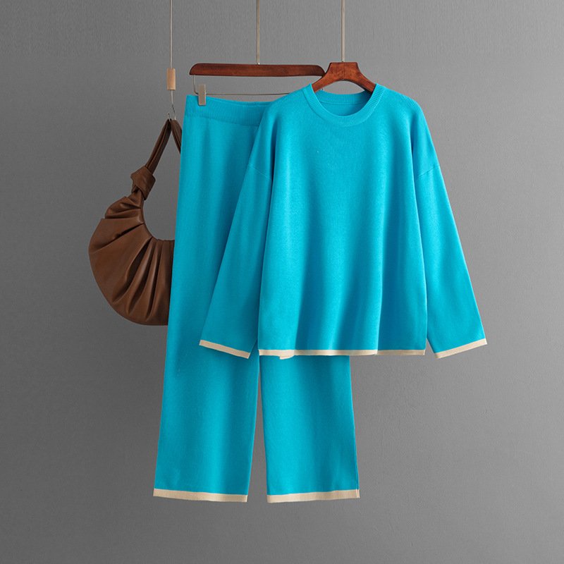 Boutique Wholesale 2024 Autumn New Solid Color Knitted Pullover with Contrast Color Sweater Wide Leg Pants Women's Set