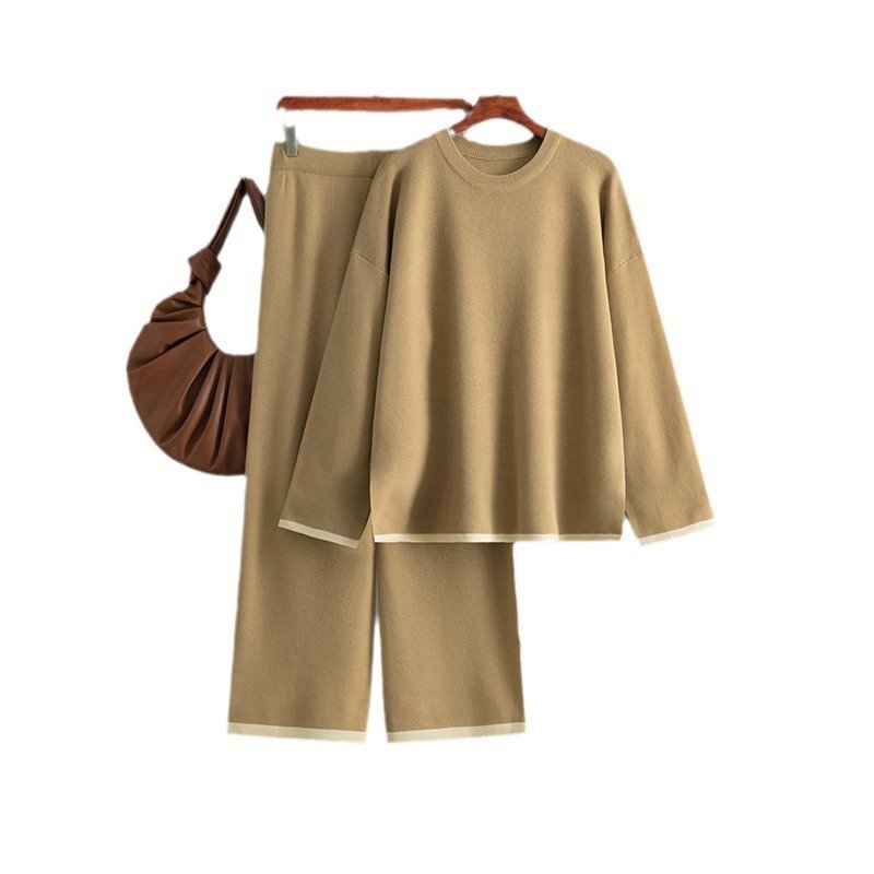 Boutique Wholesale 2024 Autumn New Solid Color Knitted Pullover with Contrast Color Sweater Wide Leg Pants Women's Set