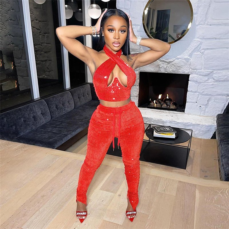 W-S469A 2 Piece Set Women Halter Cross Sequin Top and Skinny Long Pants Women's Sets