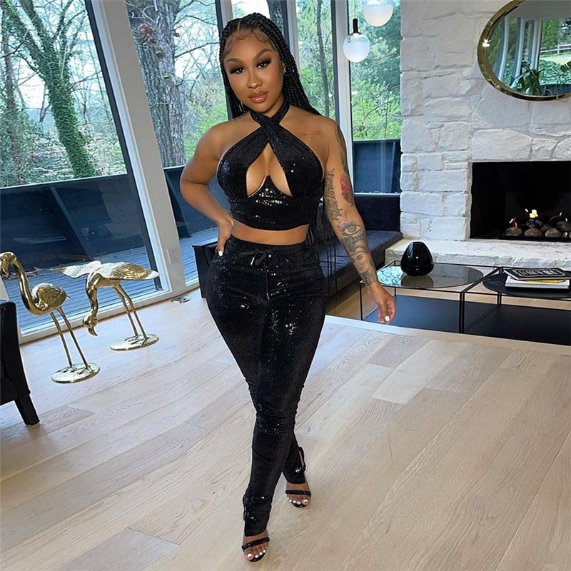 W-S469A 2 Piece Set Women Halter Cross Sequin Top and Skinny Long Pants Women's Sets