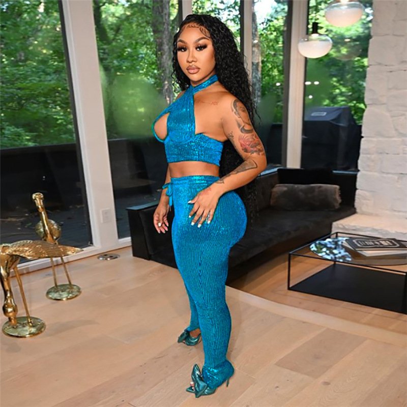 W-S469A 2 Piece Set Women Halter Cross Sequin Top and Skinny Long Pants Women's Sets