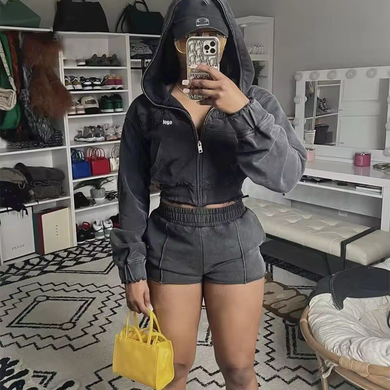 Custom logo vintage cotton acid wash zip up crop sweatpants and hoodie set streetwear shorts sweatsuit tracksuits for women