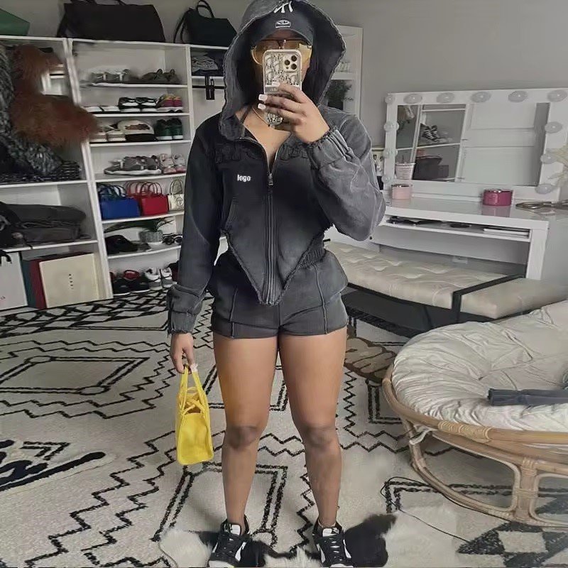 Custom logo vintage cotton acid wash zip up crop sweatpants and hoodie set streetwear shorts sweatsuit tracksuits for women