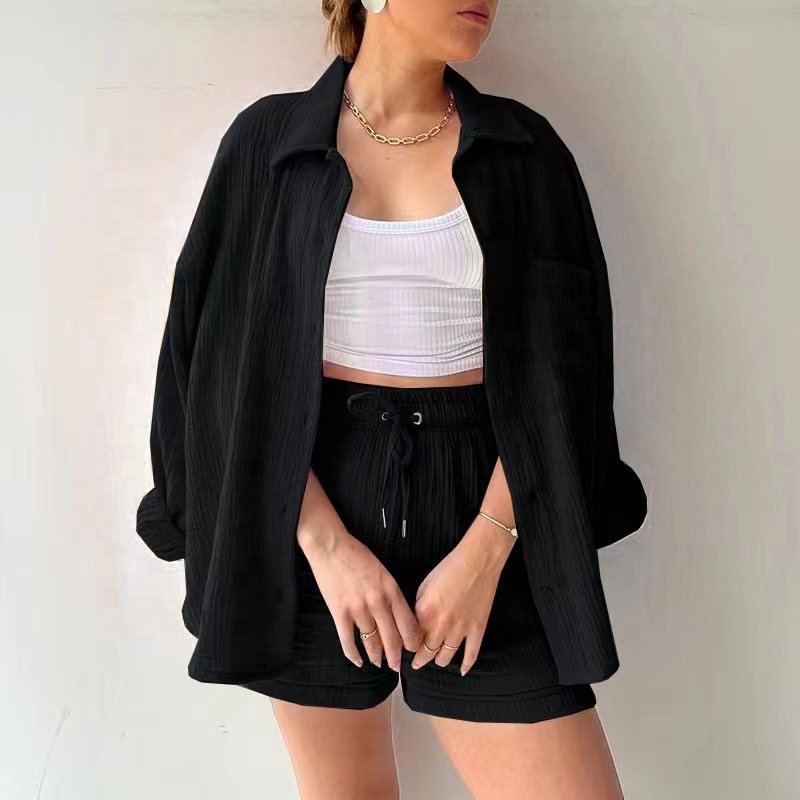 Dynamics Women Set Loose Crinkle Long Sleeve Lapel Shirt High Waist Drawstring Shorts Set Casual Plus Size Two Piece Sets