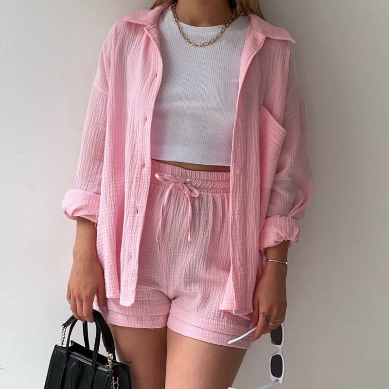 Dynamics Women Set Loose Crinkle Long Sleeve Lapel Shirt High Waist Drawstring Shorts Set Casual Plus Size Two Piece Sets