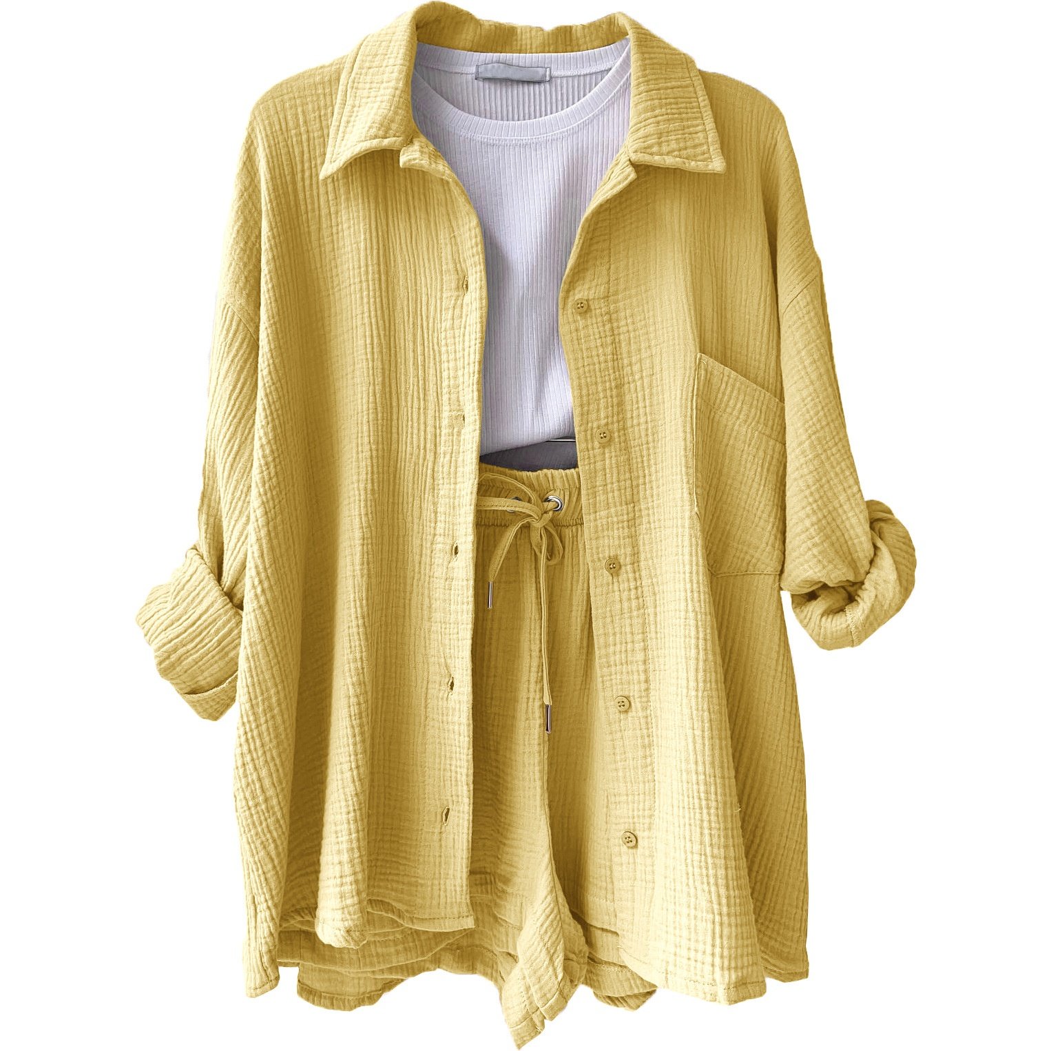 Dynamics Women Set Loose Crinkle Long Sleeve Lapel Shirt High Waist Drawstring Shorts Set Casual Plus Size Two Piece Sets
