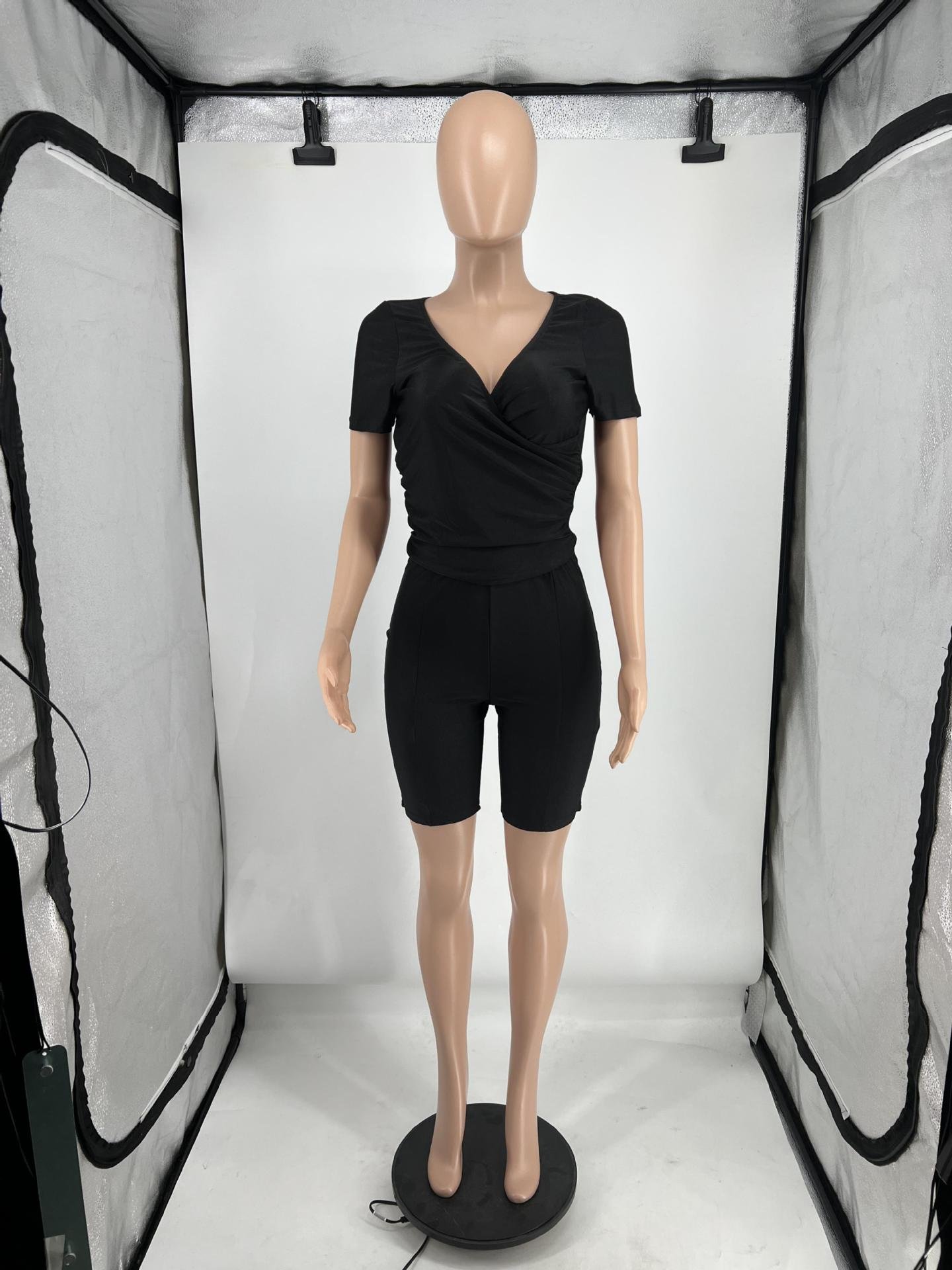 Wholesale Women's Summer Solid Color Fashion Fitted Sexy V Neck T-shirt And Shorts Elastic Sets Causal Two Piece Short Set Women