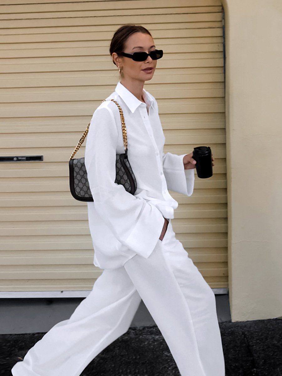 New arrivals 2023 Casual simple white Cotton street wear women long sleeve pants sets