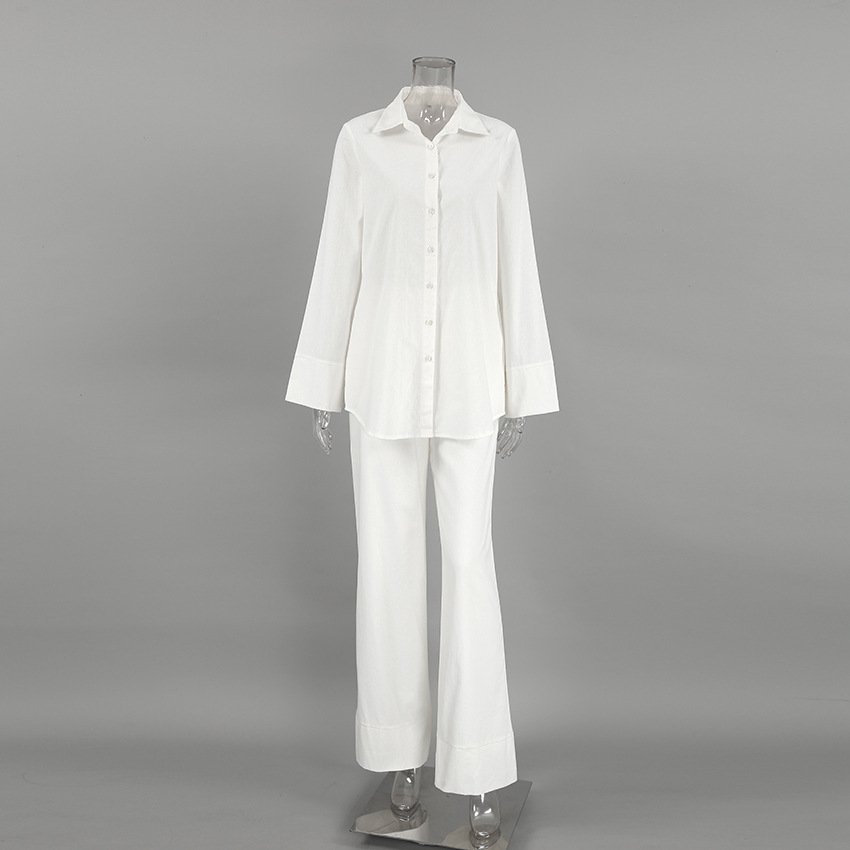 New arrivals 2023 Casual simple white Cotton street wear women long sleeve pants sets