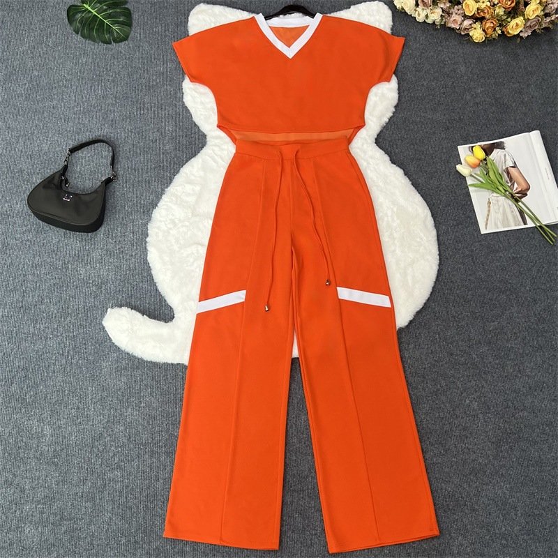 Custom logo printed Women 2 Piece suit Ladies Short Sleeve Shirt High Waist Wide Leg Pants Set