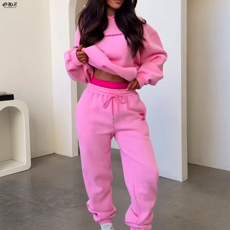 Winter Clothes Women Custom Puff Print Pink Hoodies Women Cozy Cotton Fleece Streetwear Sweatpants And Hoodie Jogger Set Women