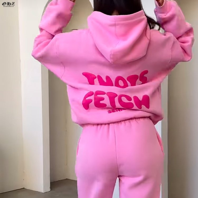 Winter Clothes Women Custom Puff Print Pink Hoodies Women Cozy Cotton Fleece Streetwear Sweatpants And Hoodie Jogger Set Women