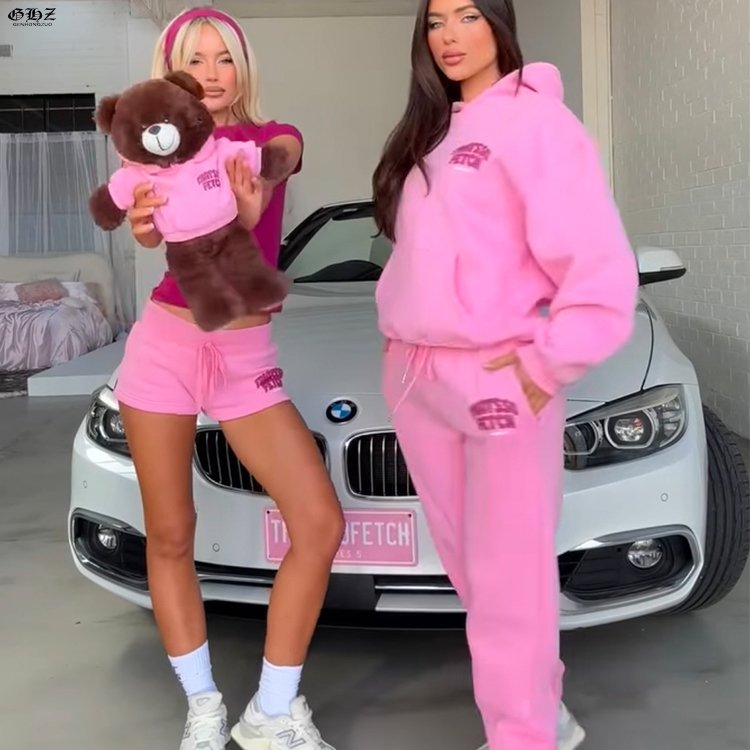 Winter Clothes Women Custom Puff Print Pink Hoodies Women Cozy Cotton Fleece Streetwear Sweatpants And Hoodie Jogger Set Women