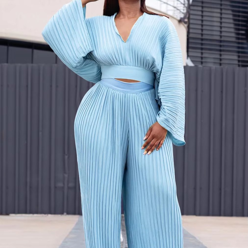 D3271 Women's Casual 2-Piece Set Solid Color Long Sleeve Pleated Crop Top & Ruched Wide Leg Pants Sexy Blouses Short Length