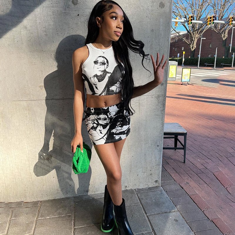Women's Summer New Sexy Hot Girl Sleeveless Vest High Waist Slim Skirt Two-piece Set