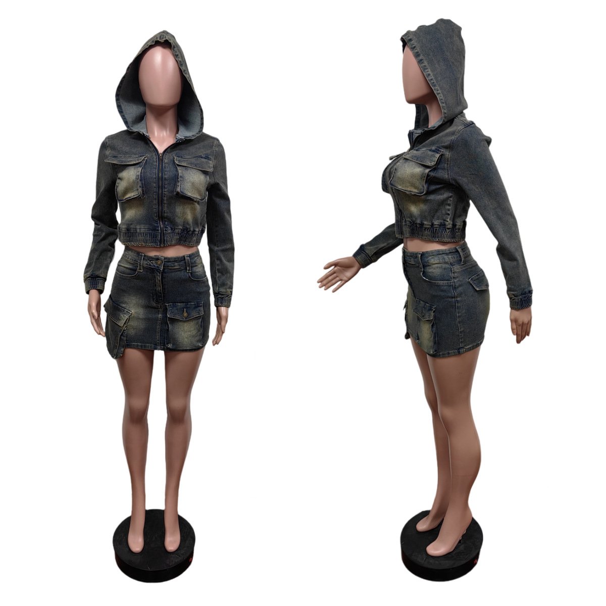 New Denim 2 Piece Skirt Set Women Fall Clothing Fashion Hoody Jacket and Short Skirt Two Piece Skirt Sets Outfits for women