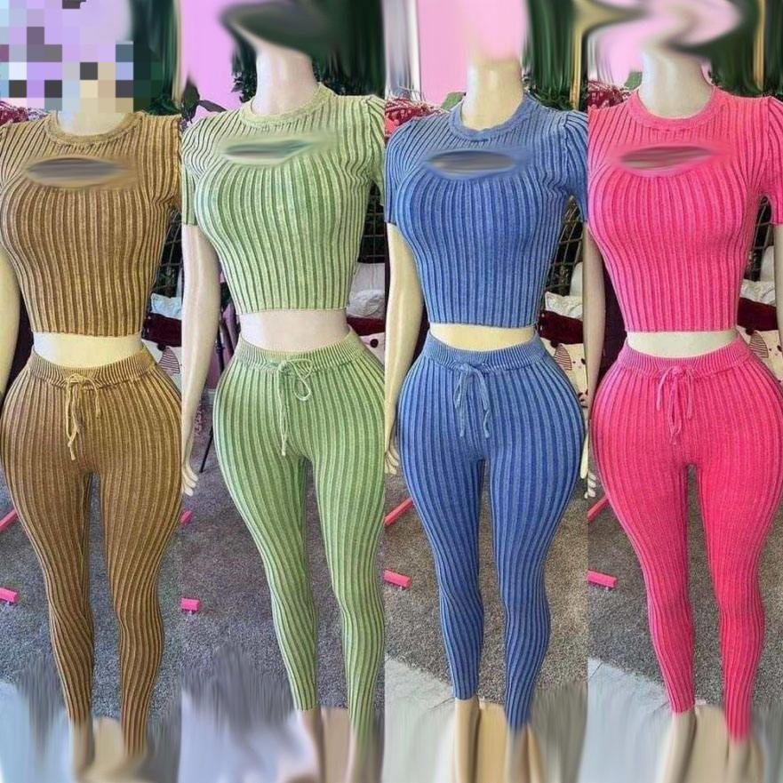 Bomblook C525ST01 Brand Women's Sets Real Knit Crop Top With Drawstring Pants Metal 2 Piece Set Women Summer Streetwear 2024