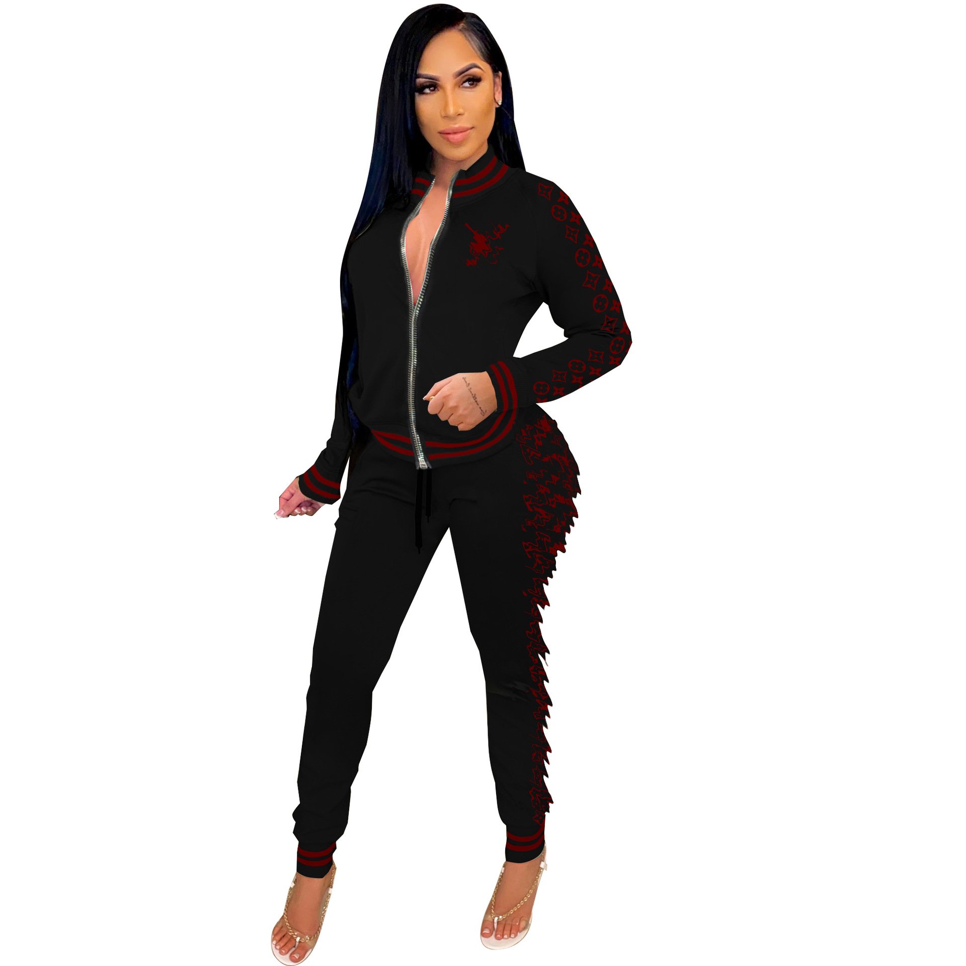 Designer famous brand clothing long sleeve print custom oversized Jacket long pants sets women